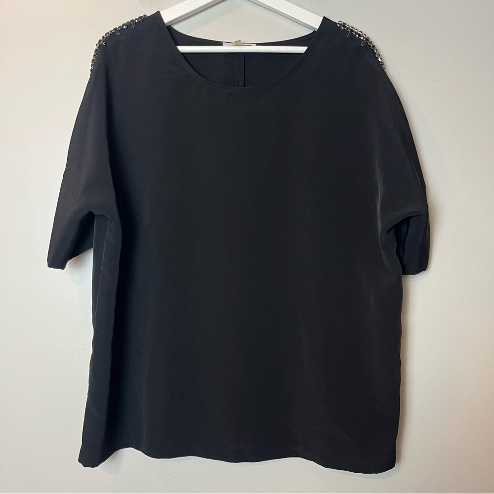 Calvin Klein Black Short Sleeve Beaded Shoulder Top Large‎
